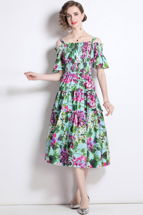 Runway Fashion Alluring Green Bellflower Print, Slash Neck, Elastic Waist, Ruffled Cocktail, Party Midi Dress